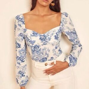 Reformation Reign Top in Olympia Long Sleeve Floral Blue